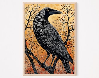 Impresión de naturaleza de cuervo - Impresión de pájaro - Arte de estilo vintage - Arte cottagecore de brujas - Decoración de pared de cuervo gótico