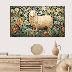 May include: A framed tapestry featuring a white sheep standing in a field of colorful flowers. The tapestry has a dark green background and intricate floral designs.