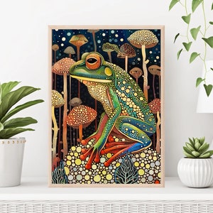 May include: A colorful illustration of a green and blue frog sitting on a bed of yellow, orange, and red mushrooms. The frog has a detailed pattern of dots and circles. The background is a dark blue with white stars.