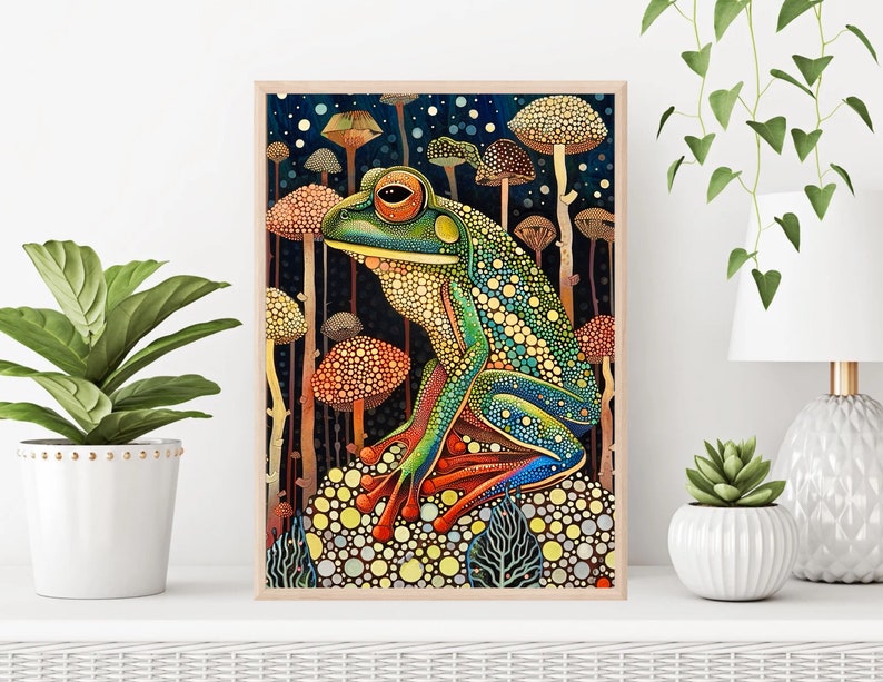 May include: A colorful illustration of a green and blue frog sitting on a bed of yellow, orange, and red mushrooms. The frog has a detailed pattern of dots and circles. The background is a dark blue with white stars.
