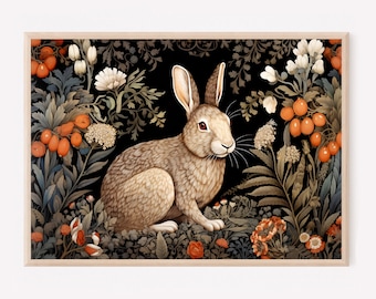Rabbit In Flowers Painting Fine Art Print, Dark Academia Vintage Rabbit Poster Print