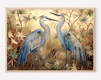 Heron Print, Birds Painting, Vintage Style Poster Wall Art Decor, Great Blue Heron Artwork, Bird Lover Gift