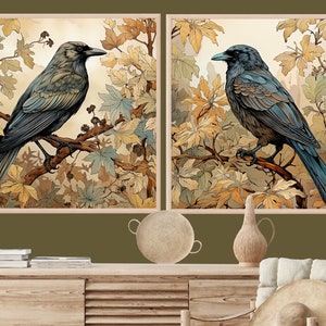 Wall Art Prints, Birds Black Crow Art, Set of 2 Bird Prints, Vintage Style Wall Decor, Living Room Poster, Printable Paintings