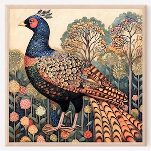 Kitchen Wall Decor Pheasant Cottagecore Vintage Painting Print, Bird Art, Farmhouse Wall Décor, Mid century Woodland Pheasant Gift Ideas
