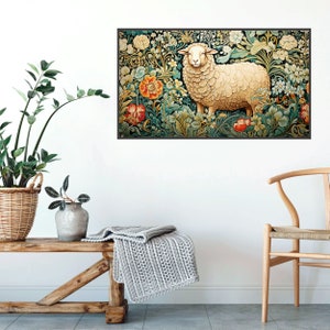 May include: A white sheep standing in a field of colorful flowers. The sheep is surrounded by green leaves and vines. The background is a dark green.