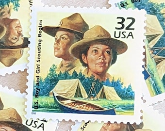 Set mit 5 Boy and Girl Scouts of America Briefmarken, Vintage unbenutzte USPS 32 Cent Briefmarken, 1910er Jahre Feiern Sie die Century Serie 1998, gummiert