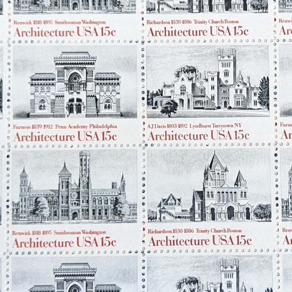 Sheet of 40 Architecture Unused 1980 15 Cent US Postage Stamps, Smithsonian, Trinity Church Boston, Penn Academy and Lyndhurst