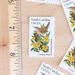 Set of 5 South Carolina State Stamps, Vintage Unused USPS 20 Cent Postage Stamps, State Bird and Flower Series, 1982, Gummed