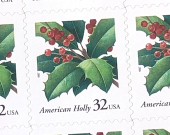 Sheet of 20 American Holly Stamps, Vintage Unused USPS 32 Cent Postage Stamps, 1997 Self-Adhesive
