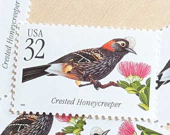 5 Crested Honeycreeper Stamps, Vintage Unused USPS 32 Cent Stamps, 1998 Gummed Stamps