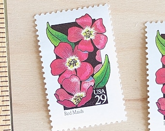 5 Red Maids Wildflower Stamps, Vintage Unused USPS 29 Cent Postage Stamps, 1992 Gummed
