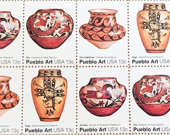 Sheet of 40 Pueblo Art Pottery Stamps, 13 Cent, 40 Unused Stamps, 1977, Vintage Collectible Stamps