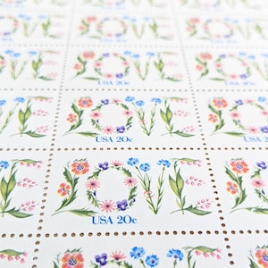 Sheet of 50, 20 Cent Floral Love Stamps, Botanical Unused Stamps, 1982, Flowers, Vintage Collectible Stamps