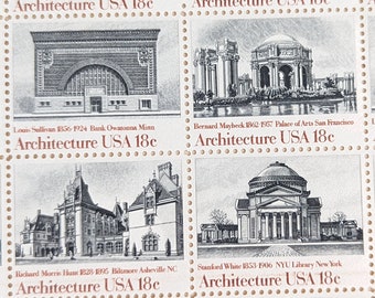 Foglio di 40 Architettura 1981 Francobolli statunitensi da 18 centesimi, Biltmore Asheville NC, Biblioteca della New York University, Palazzo delle Arti di San Francisco, Banca Owatonna