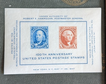 100th Anniversary of the United States Post Office Souvenir Sheet, 1947, 15 Cents in US postage, Vintage Collectible Stamps