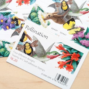 May include: Sheets of self-adhesive stamps featuring hummingbird, bee, and butterfly illustrations with floral elements. The stamps are labelled "Pollination" and include the text "Four different designs".