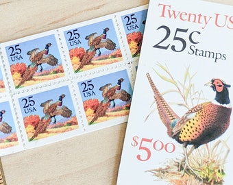 Booklet of 20 Pheasant Stamps, Vintage Unused USPS 25 Cent Stamps, 1988 Gummed