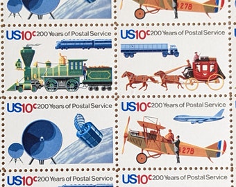 Sheet of 50 Two Hundred Years of Postal Service Vehicle Stamps, 10 Cent, 50 Unused Stamps, 1975