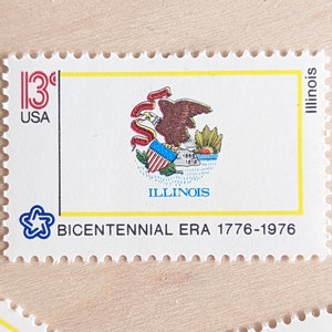 Conjunto de 10 sellos de la bandera del estado de Illinois, sellos postales antiguos sin usar de USPS de 13 centavos, serie de la bandera estatal, 1976, engomados.