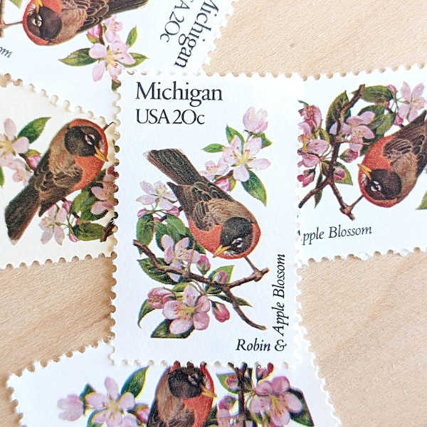 5 Michigan State Stamp, 20 Cent, 1982, State Bird and Flower, Unused Postage Stamps