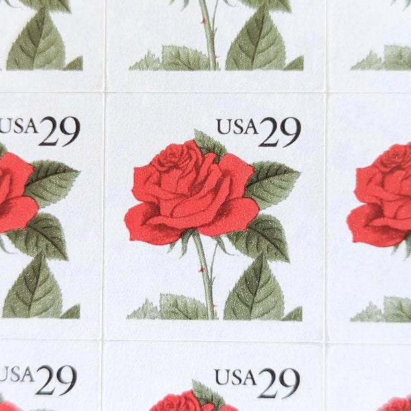 18 Red Rose 29 Cent Red Rose Postage Stamps, Unused Booklet or Strip of Stamps, Self-Adhesive Stamps, 1993