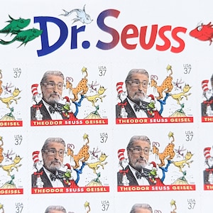 Bogen mit 20 Dr. Seuss Briefmarken, Vintage unbenutzte USPS 37 Cent Briefmarken, Theodor Seuss Geisel, Grinch, Katze im Hut 2003, selbstklebend