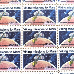 Misión Viking a Marte: Expansión del conocimiento humano. Hoja de 50 sellos postales estadounidenses sin usar, 15 centavos, 1978.