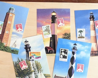 Southeastern Lighthouse Postcard, Tybee Island Ga, Hillsboro Inlet Fl, Cape Lookout Nc, Morris Island Sc, Old Cape Henry Va