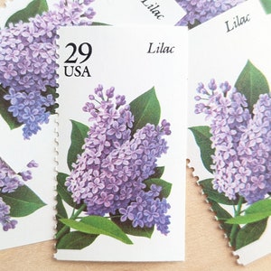 Puede incluir: Un conjunto de sellos postales vintage Lilac con el texto "Lilac" y "29 USA" impreso en ellos. Los sellos presentan una imagen de primer plano de flores de lila púrpura.