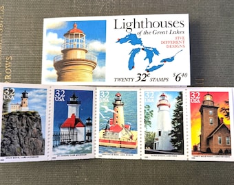 Booklet of Twenty 32 Cent Lighthouses of the Great Lakes Stamps, 1994, Five Different Designs, Vintage Collectible Stamps