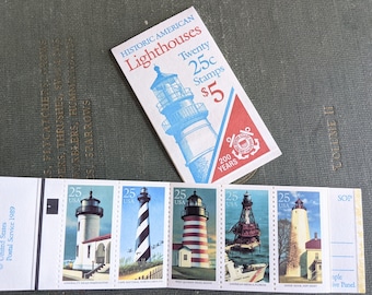 Booklet of Twenty 25 Cent Lighthouse Stamps, 1990, Historic American Lighthouses, Vintage Collectible Stamps