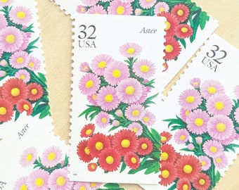 5 Aster Flower Stamps, Vintage Unused USPS 32 Cent Stamps, 1998 Gummed