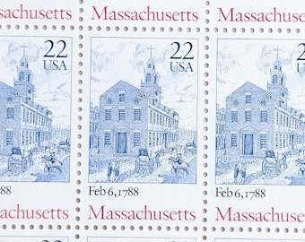 Sheet of 50 Massachusetts stamps, Statehood Stamps,1987 Unused Postage Stamps, 22 Cent Stamps, Vintage Collectible Stamps