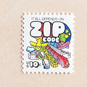 May include: A vintage 10-cent US postage stamp featuring a colourful illustration of a train, aeroplanes, and mailboxes with the text "It all depends on ZIP CODE".