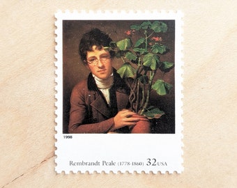 5 Rubens Peale mit einer Geranie von Rembrant Peale Stamps, Vintage Unbenutzte USPS 32 Cent Briefmarken, Four Centuries of American, 1997 Gummiert