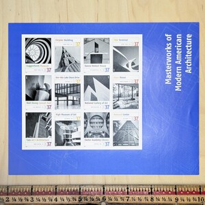 12 sellos de arquitectura, sellos postales antiguos sin usar de USPS de 37 centavos, Obras maestras de la arquitectura moderna estadounidense 2005, autoadhesivos
