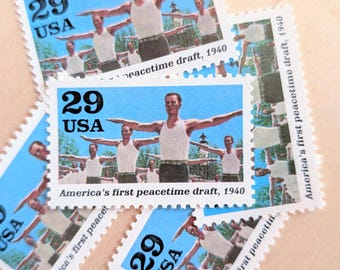 5 America's First Peacetime Draft Stamps, 29 Cent USPS Postage Stamps, 1941: A World at War, 50th Anniversary of WWII, 1991 Gummed