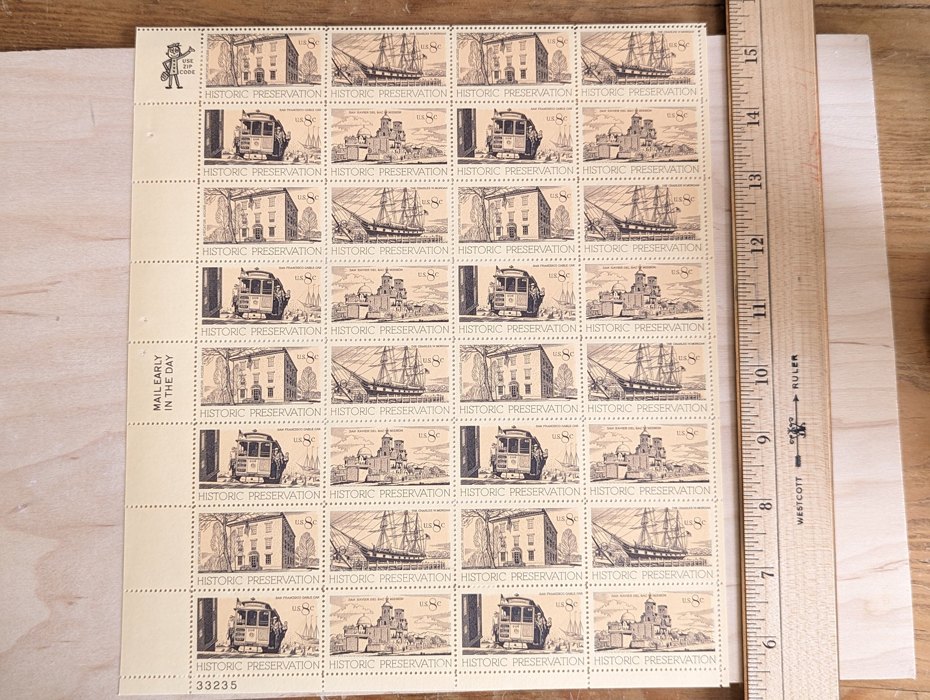 Sheet of 32 Historic Preservation 1971 US Stamps, 8 Cent