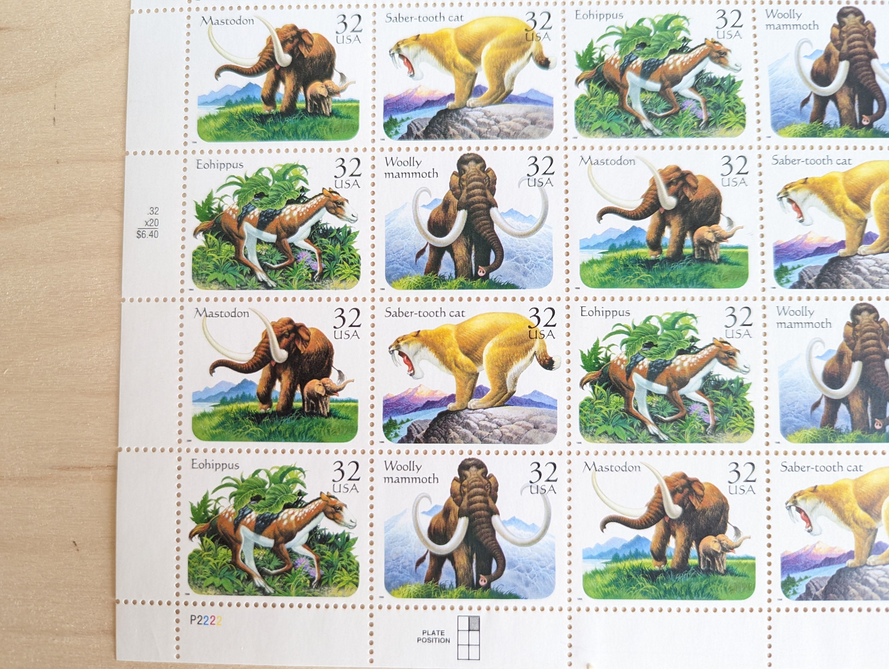 先史時代の動物切手 20 枚セット、32 セント 1990 年未使用米国