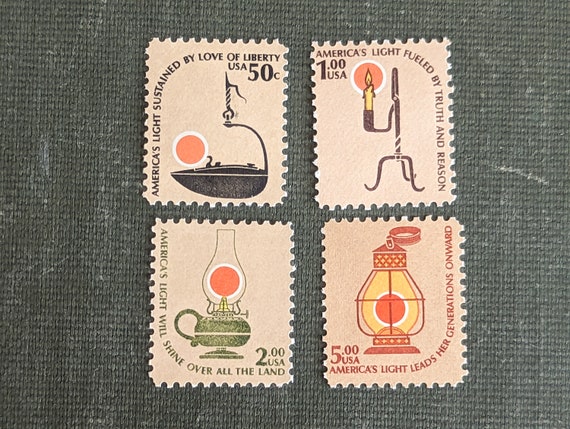 Set of 4 Americana Lantern Postage Stamps, Unused Postage, 1975-79