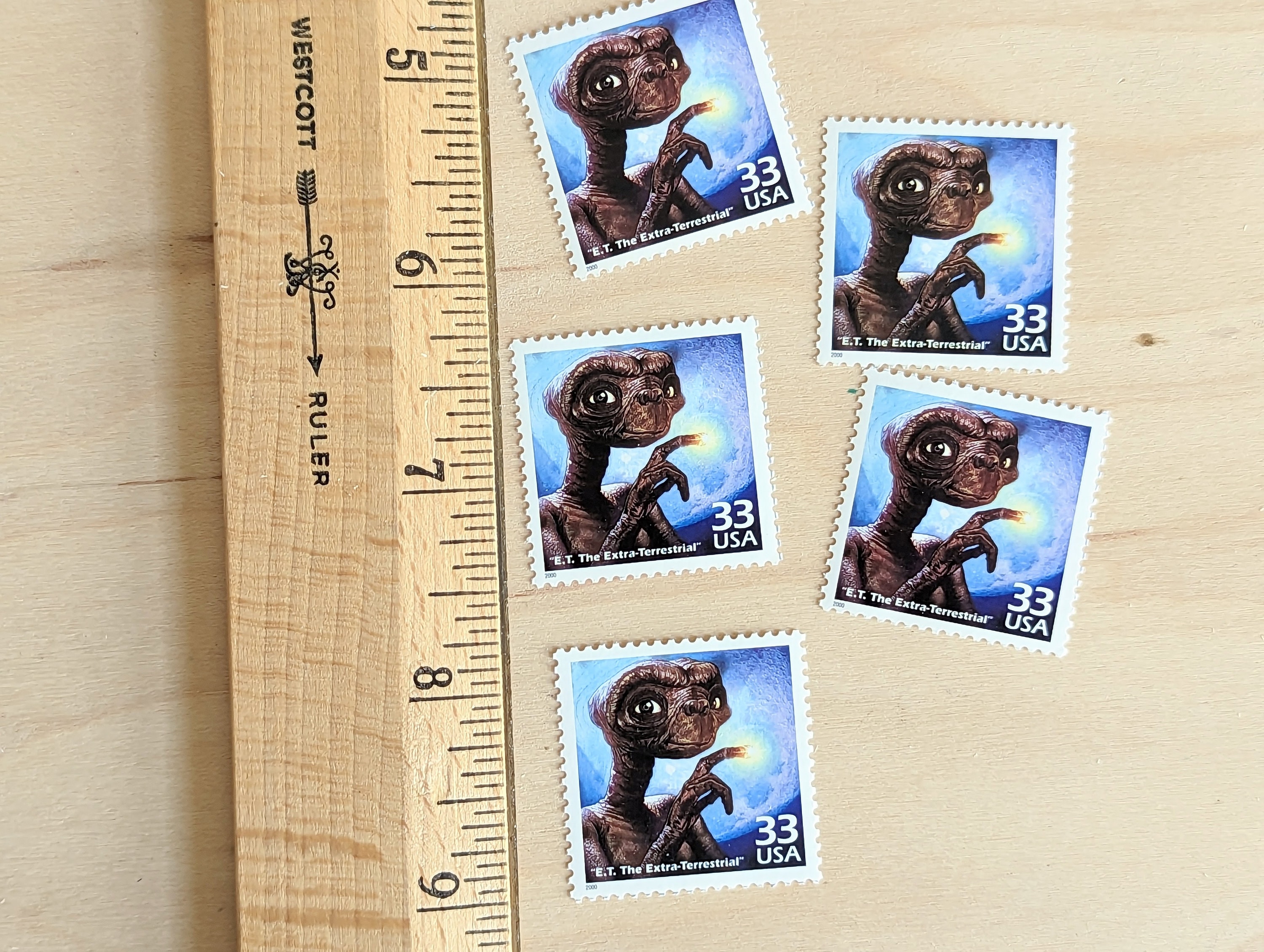 E.T.切手5枚、ヴィンテージ未使用USPS 33セント切手、1980年代の