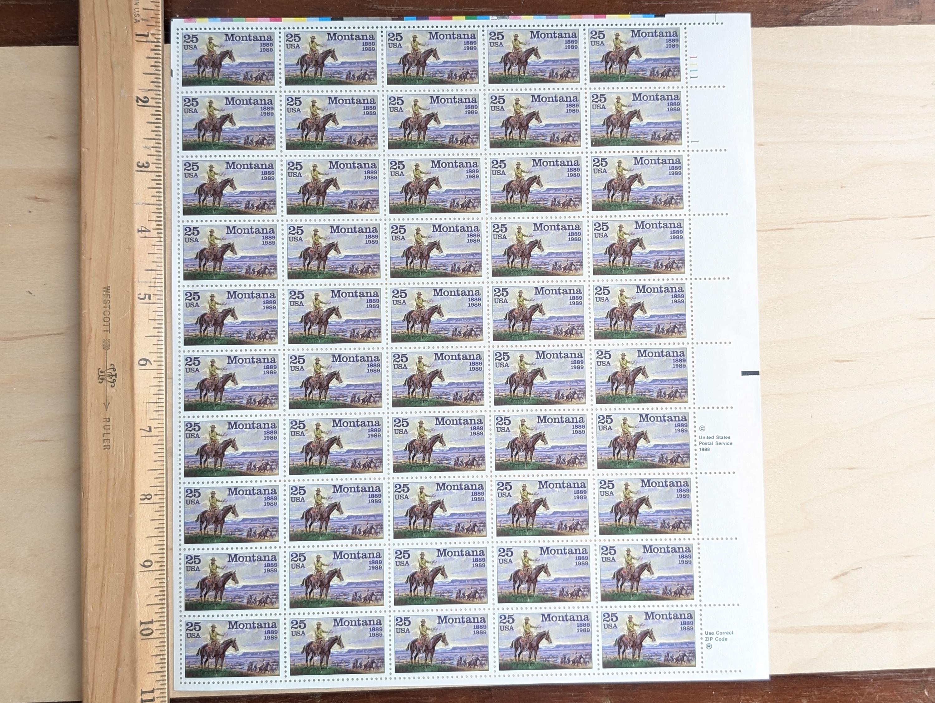 モンタナ州切手50枚セット、1989年未使用郵便切手、25セント切手