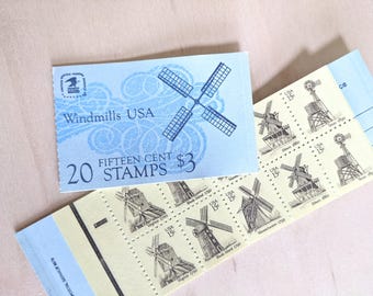 1980 Booklet of Twenty 15 Cent Stamps, Windmills, Virginia, Rhode Island, Massachusetts, Illinois and Texas, Vintage Collectible Stamps