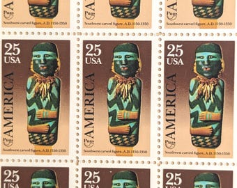 Sheet of 50 America Southwest Carved Figure stamps, Puas 1989 Unused Postage Stamps, 25 Cent Stamps, Vintage Collectible Stamps