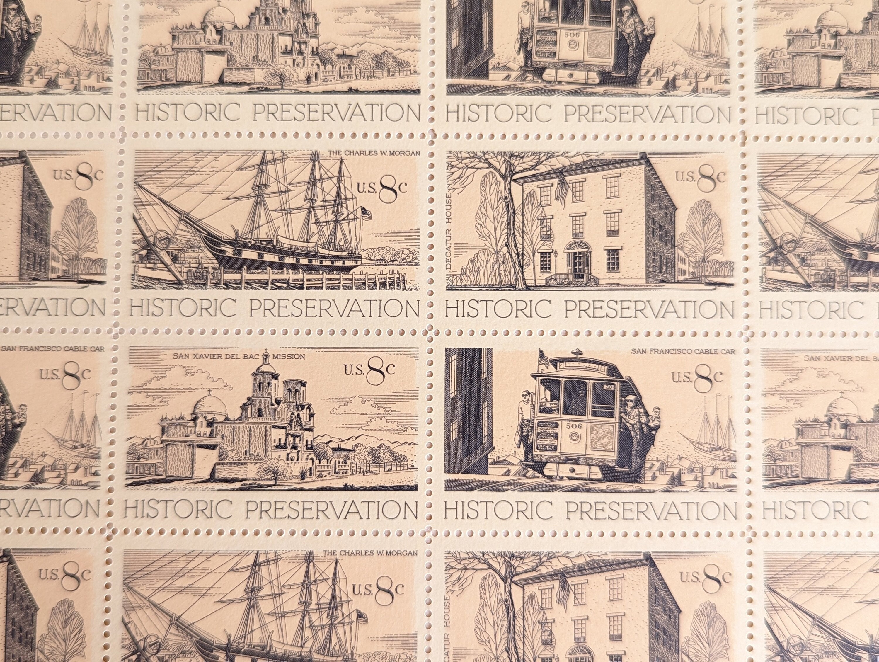 Sheet of 32 Historic Preservation 1971 US Stamps, 8 Cent Stamps