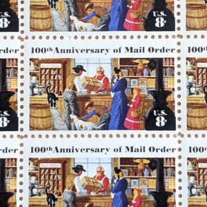 Hoja de 50 sellos postales del centenario de la venta por correo, sello postal sin usar de 8 centavos de 1972