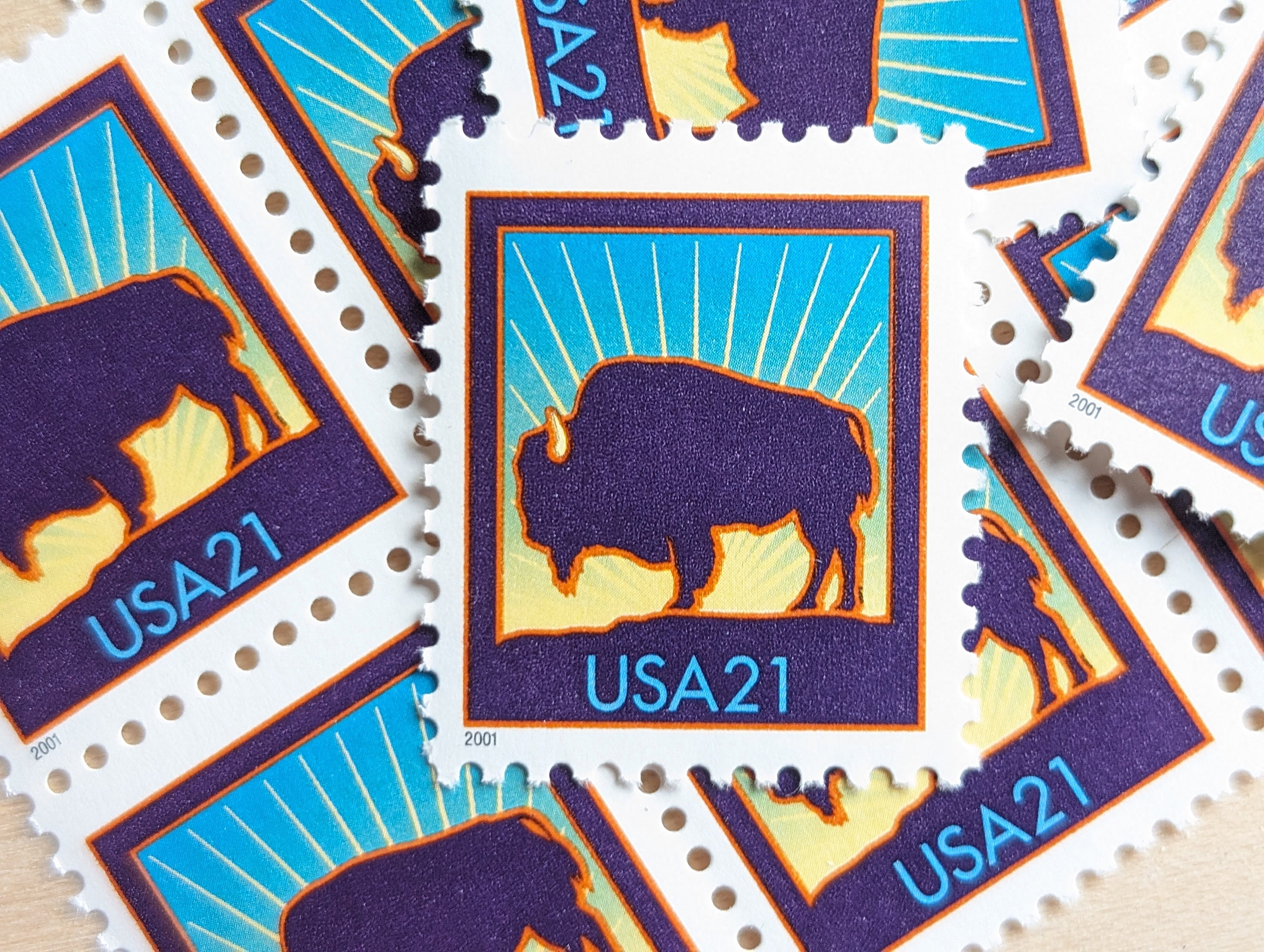Ten Bison Stamps, 2000, 21 Cent Stamps, Unused US Postage, Sunset
