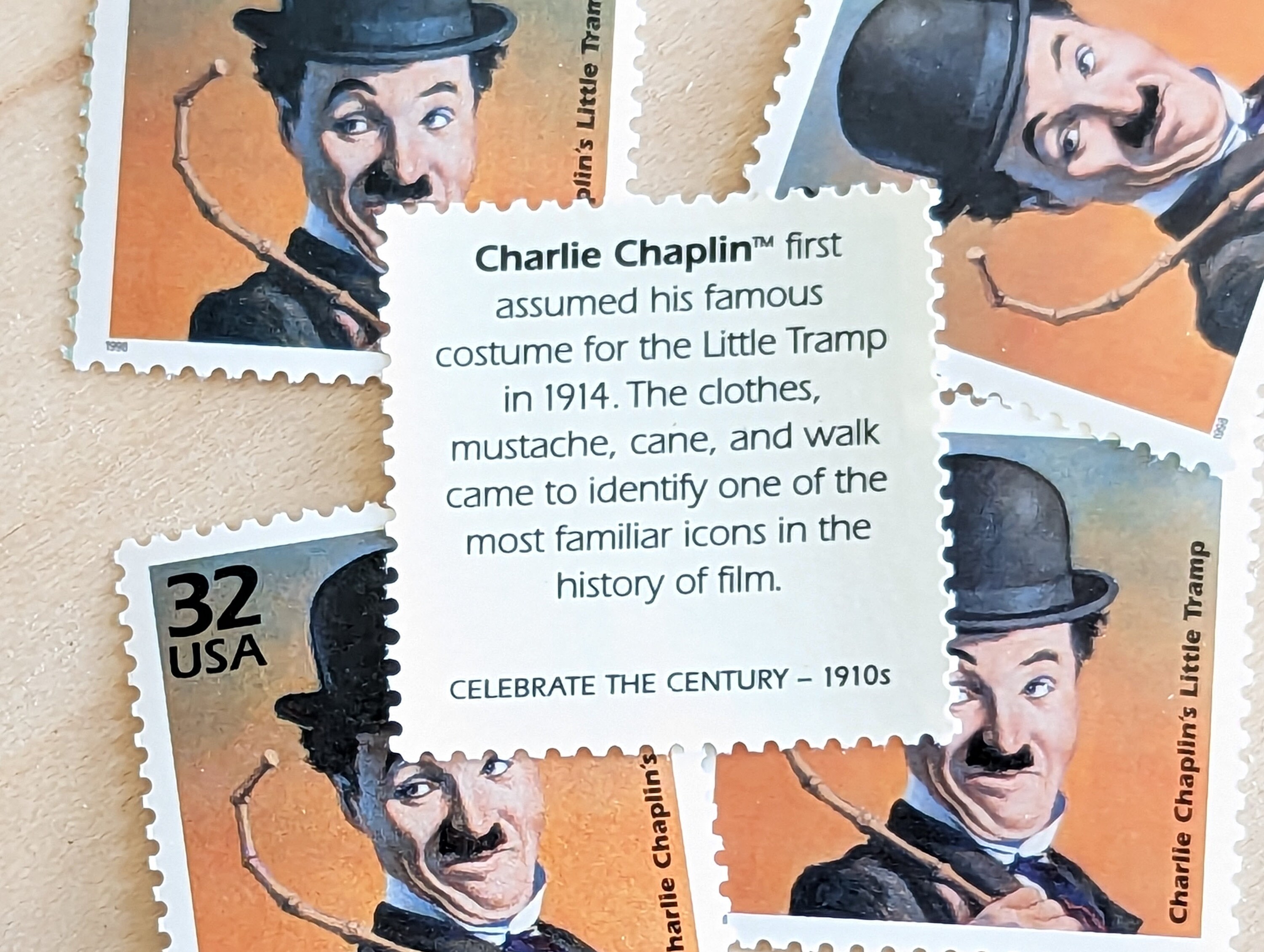 5 Charlie Chaplin Stamps, Vintage Unused USPS 32 Cent Stamps