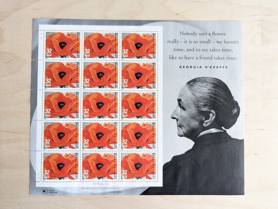 Sheet of 15 Georgia O'Keeffe Poppy Stamp, Vintage Unused USPS 32 Cent Stamps, 1995 Gummed Stamps