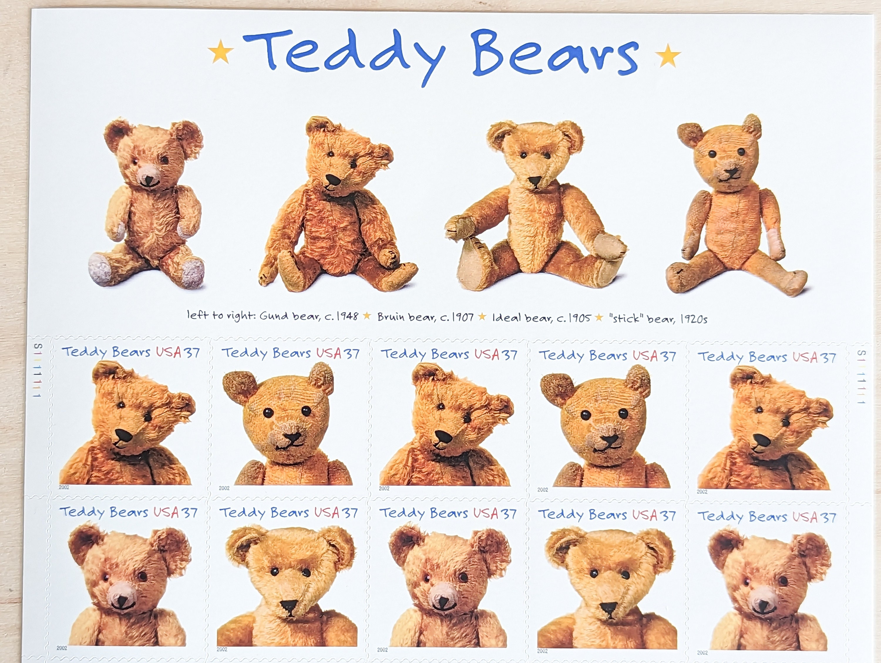 Sheet of 20 Teddy Bears Unused US Stamps, 2001, 37 Cent